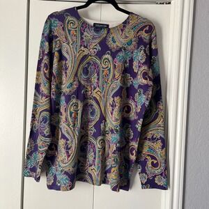 Jones New York Signature Woman Purple Paisley Long Sleeve Knit Top 1X Plus Size